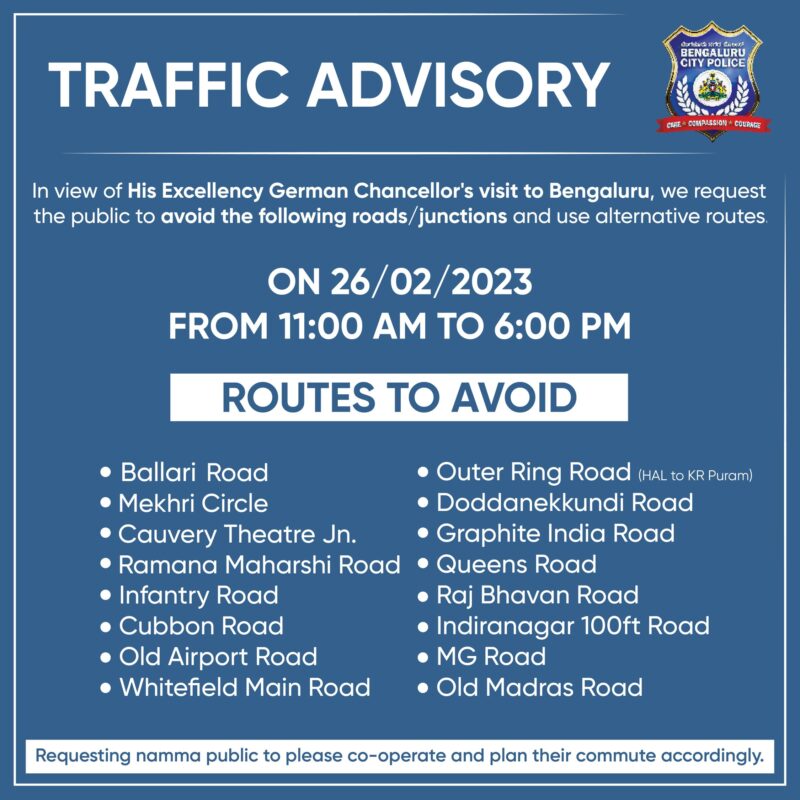 German Chancellor to visit Bengaluru on Feb 26 Traffic restrictions