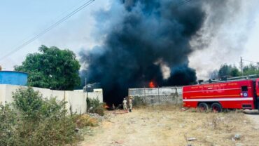 Old tyre godown gutted in fire narrow escape for school children in Electronic city area