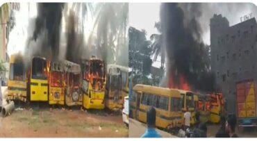 Private Nursing colleges five buses gutted in fire at the make shift parking lot in Hegganahalli