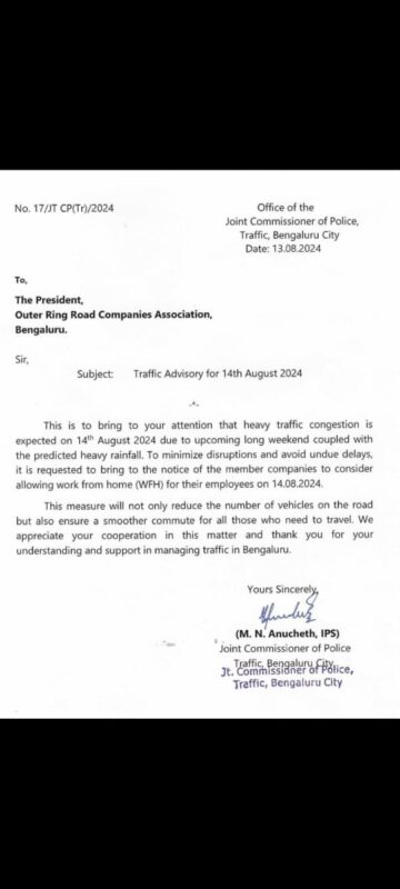 Traffic Police Chief requests Outer Ring Road President companies to allow work from home option on Wednesday 14th August due to long weekend