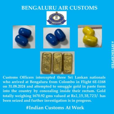 International level gold smuggling racket busted by Bengaluru Air customs officer caught 3 Sri Lankan nationals and seized 1671 gms of Gold worth Rs.1.19 Crores